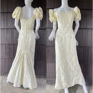 🔥VTG Jessica McClintock Bridal Brocade Puff Off Shoulder Mermaid Wedding Dress
